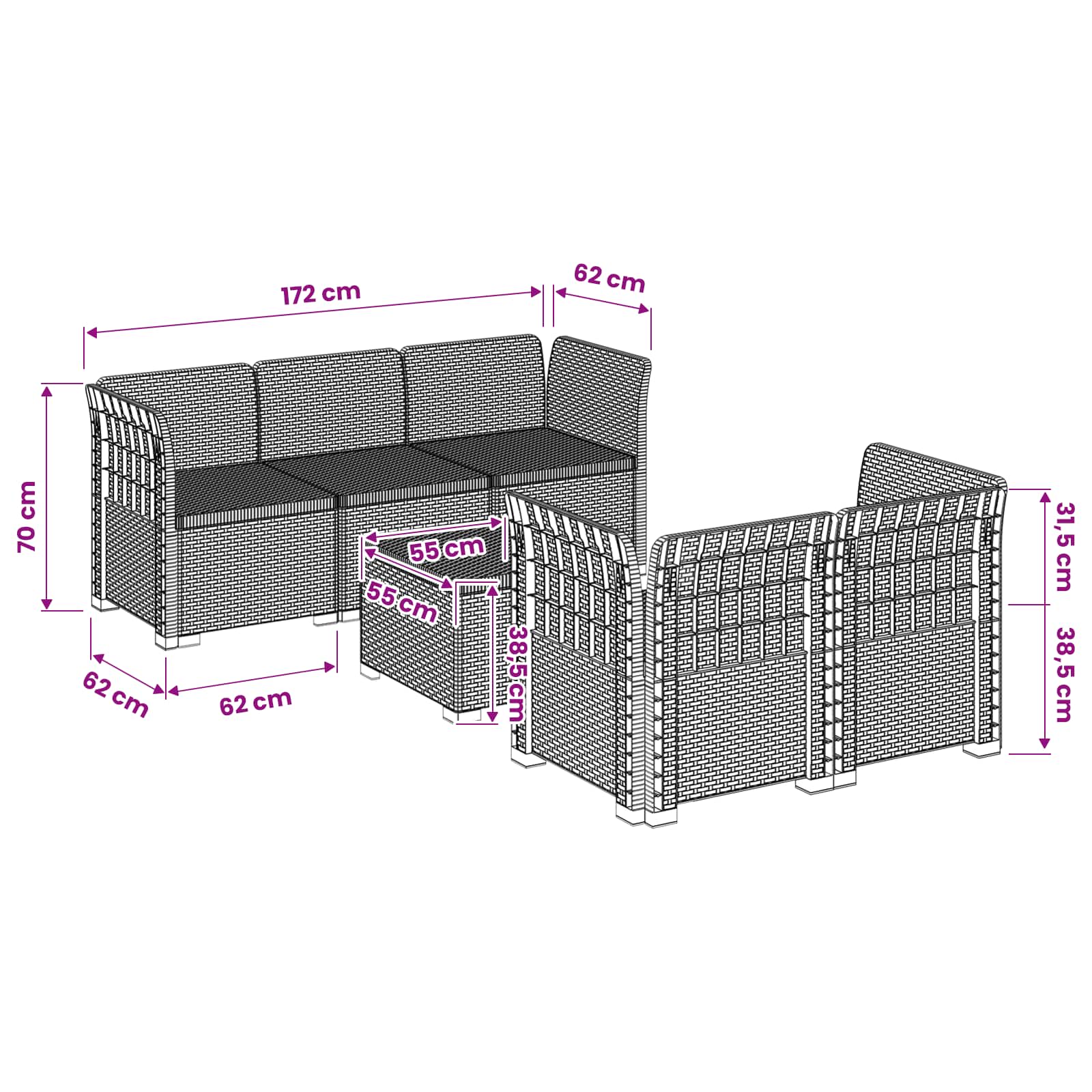 5-Zits Tuin Sofa Rattan Look PP Lichtgrijs