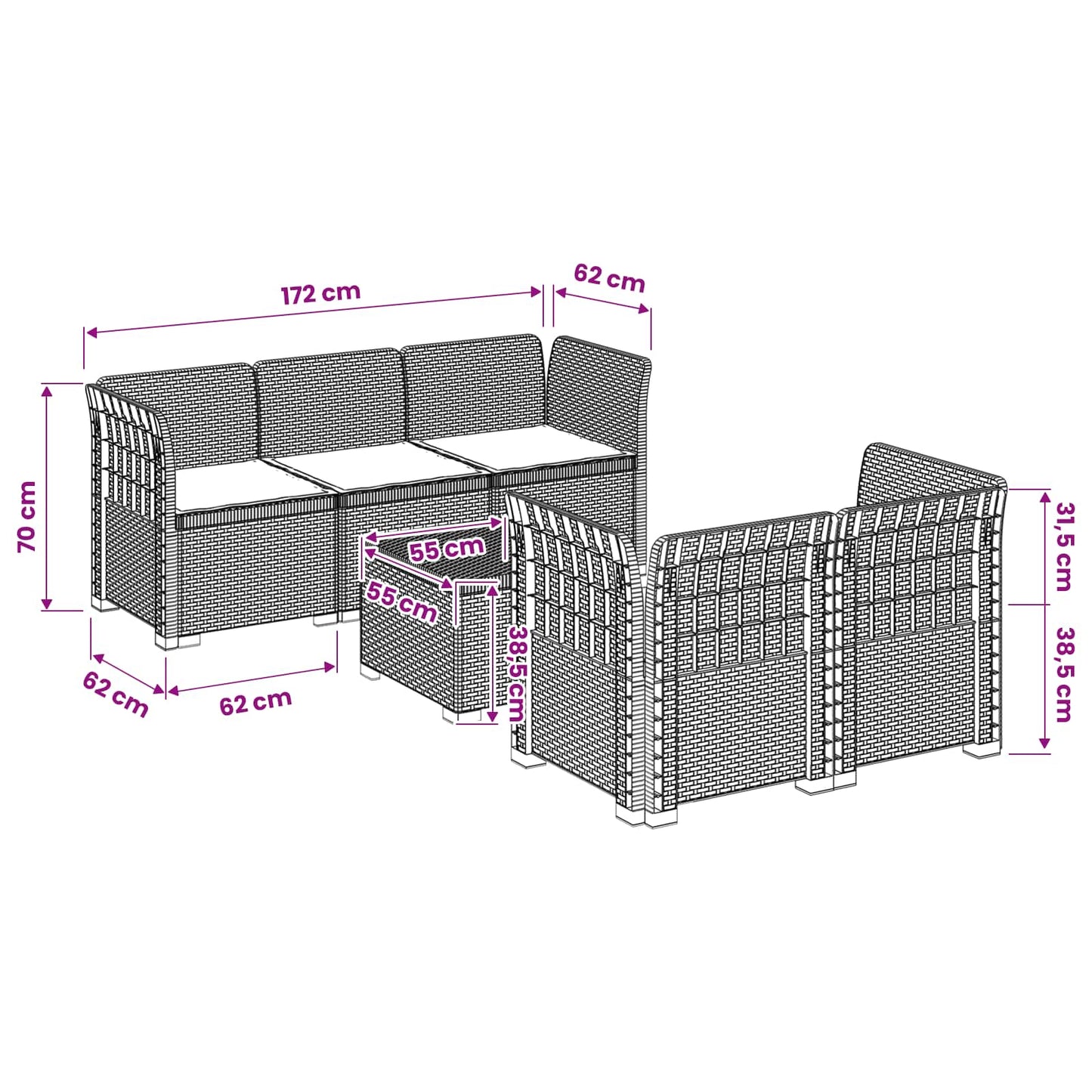 5-Zits Tuin Sofa met Kussens Rattan Look PP Bruin