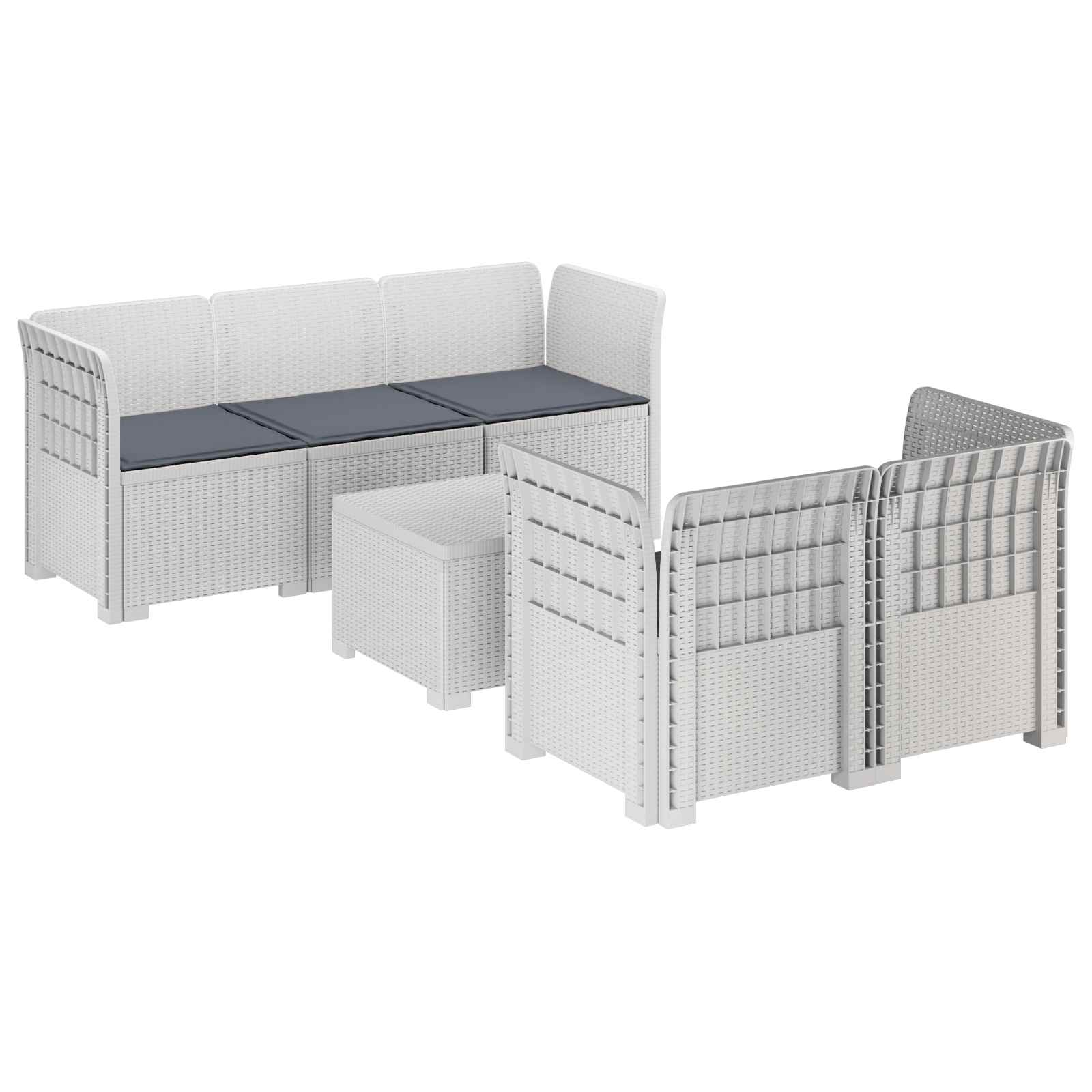 5-Zits Tuin Sofa met Kussens Rattan Look PP Wit