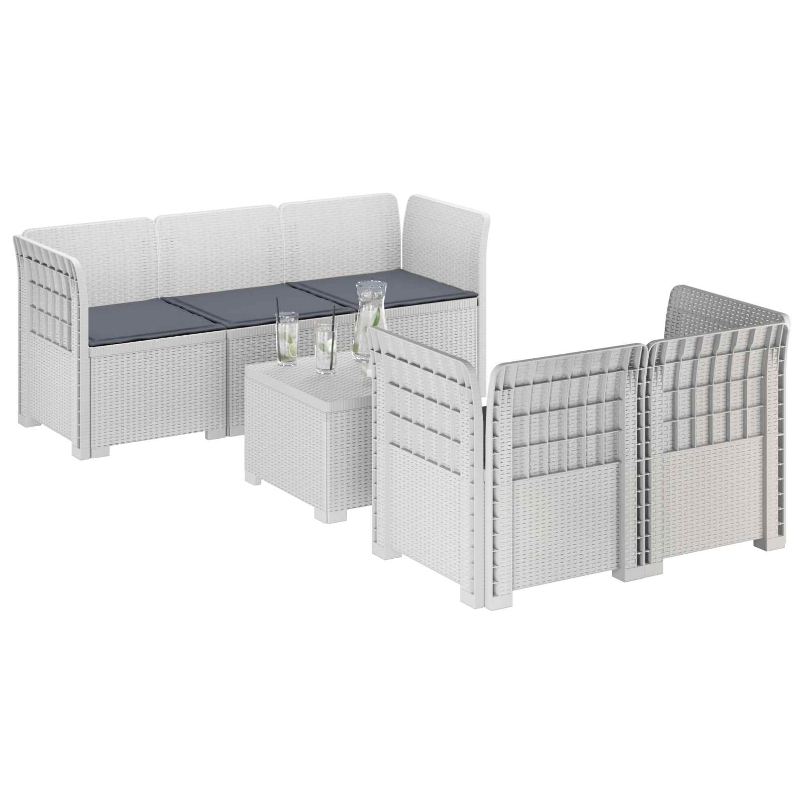 5-Zits Tuin Sofa met Kussens Rattan Look PP Wit