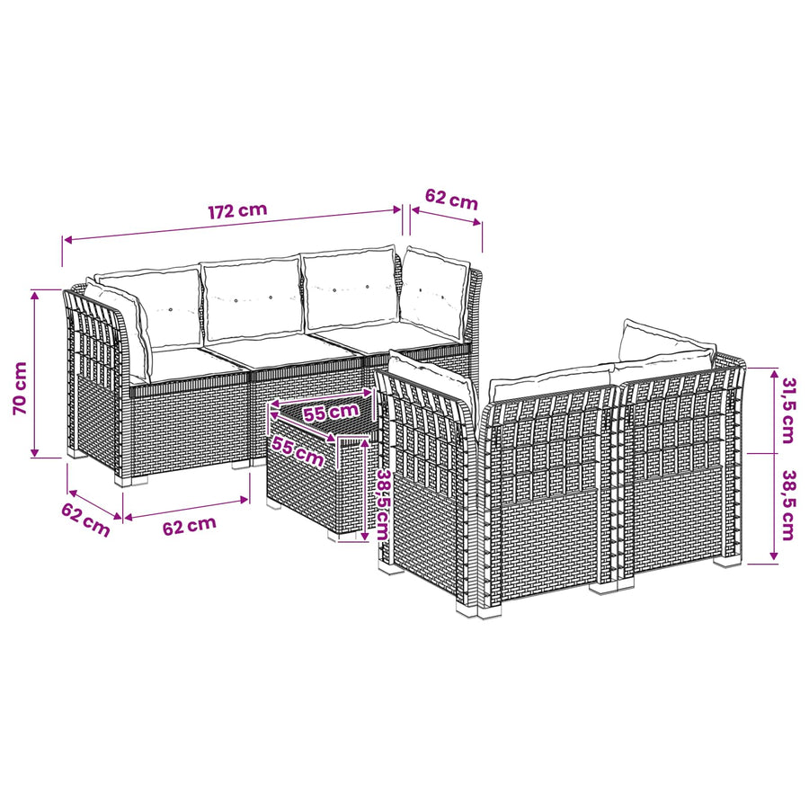 5-Zits Tuin Sofa met Kussens Rattan Look PP Wit