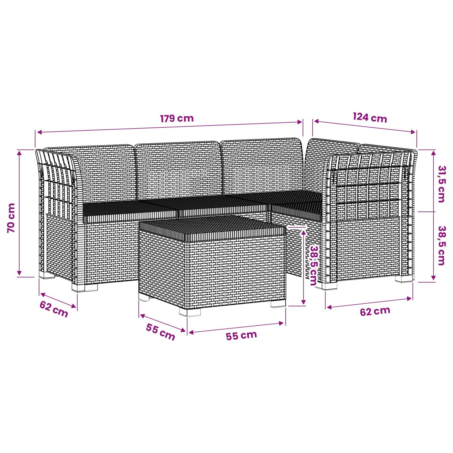 4-Persoons Tuinbank Rieten Look PP Antraciet