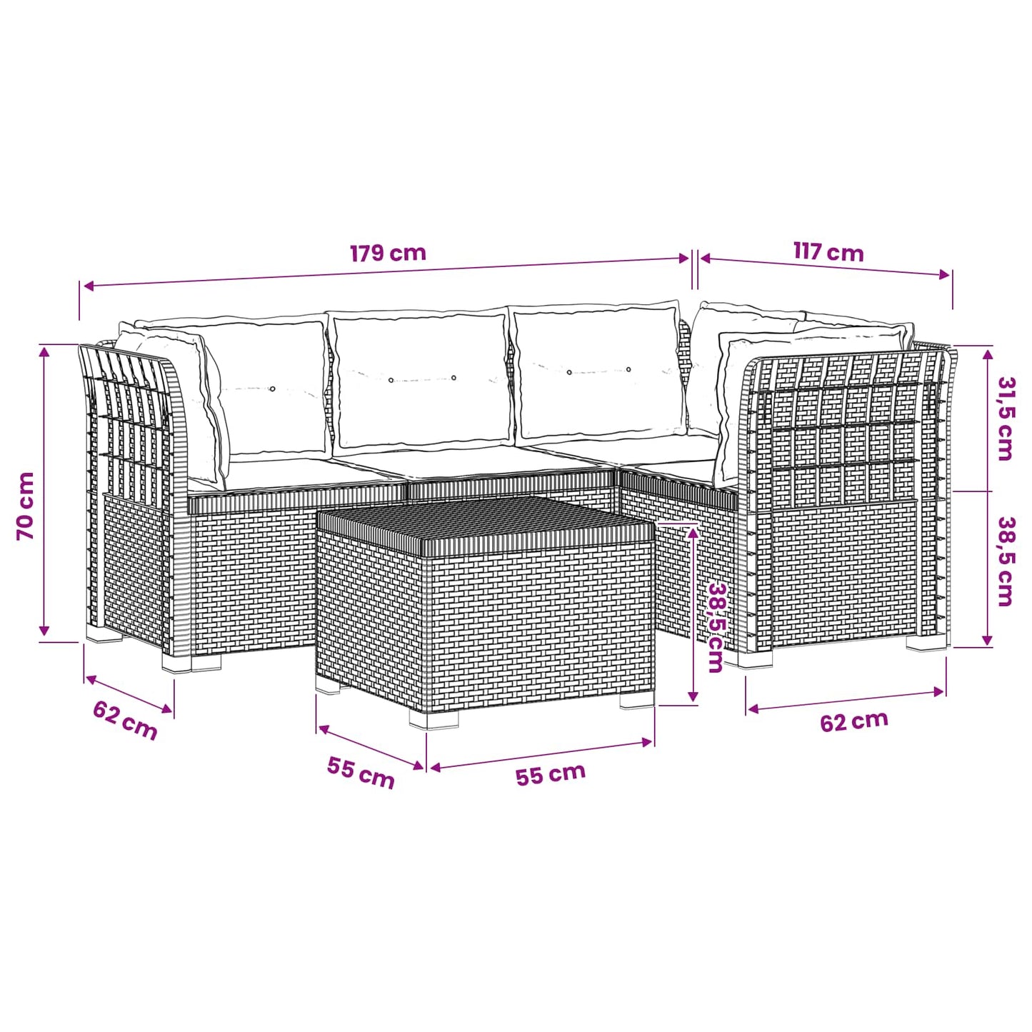 4-Persoons Tuinbank met Kussens Rieten Look PP Wit