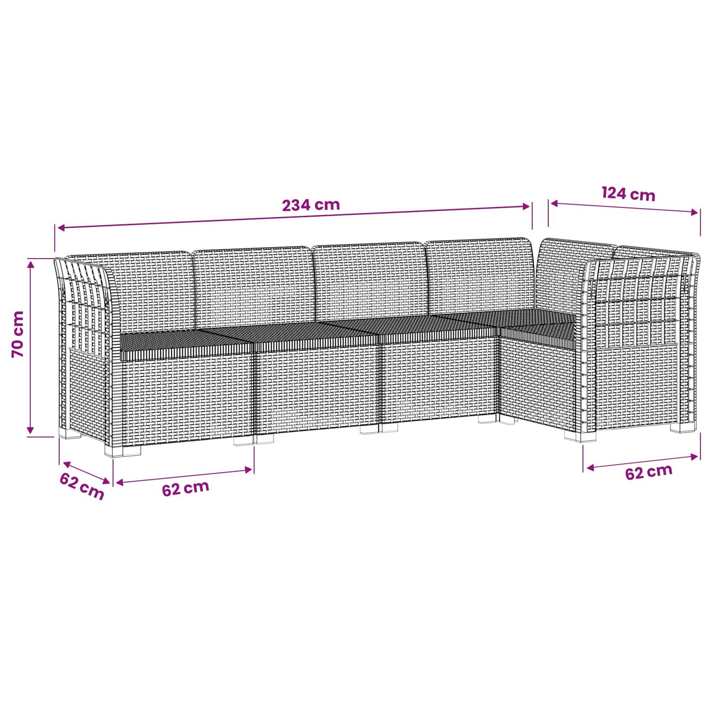 5-Zits Tuin Sofa Rattan Look PP Wit