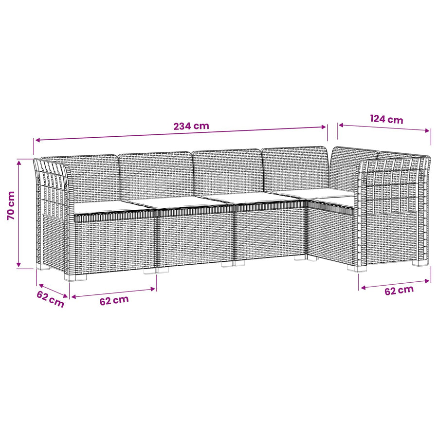 5-Zits Tuin Sofa met Kussens Rattan Look PP Wit