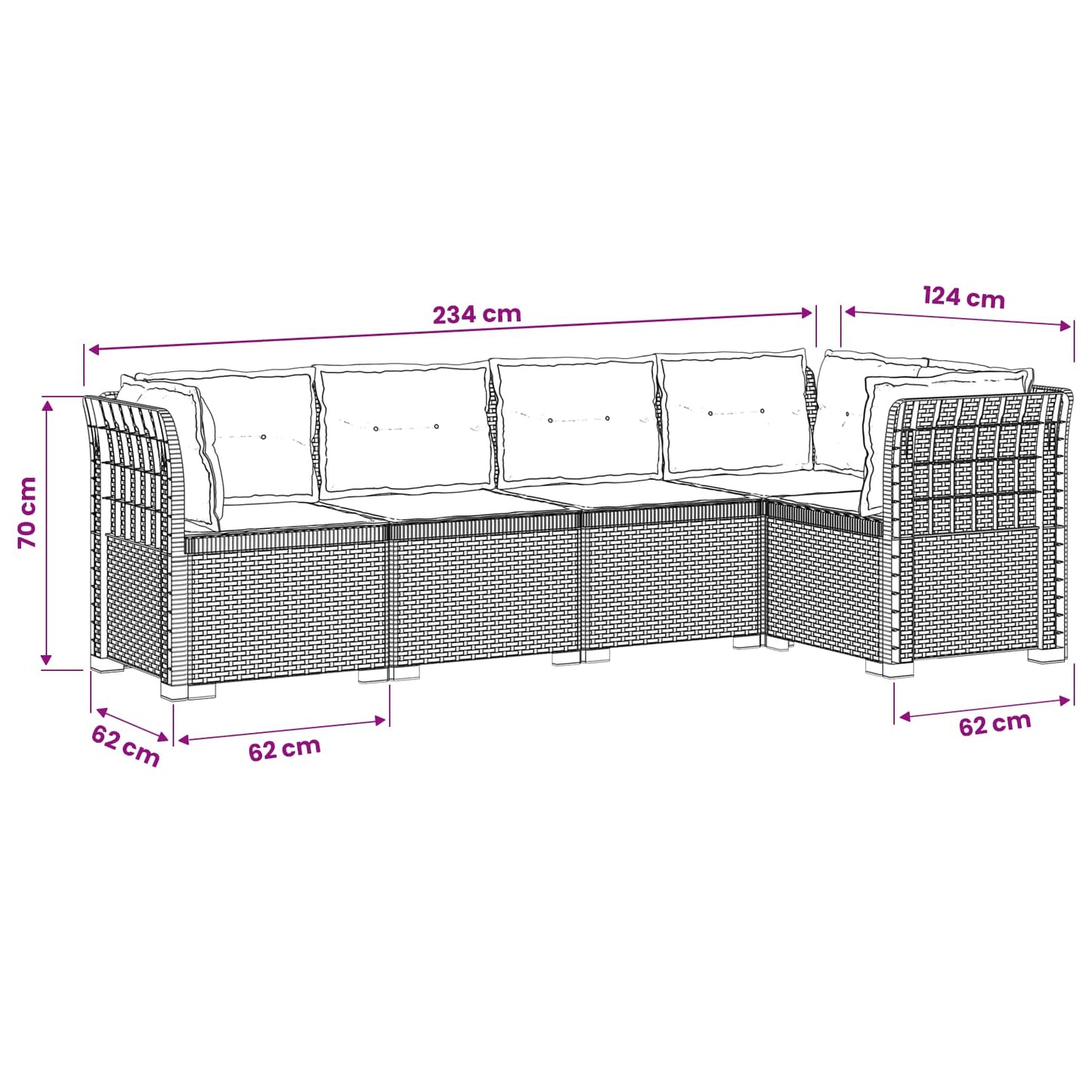 5-Zits Tuin Sofa met Kussens Rattan Look PP Bruin