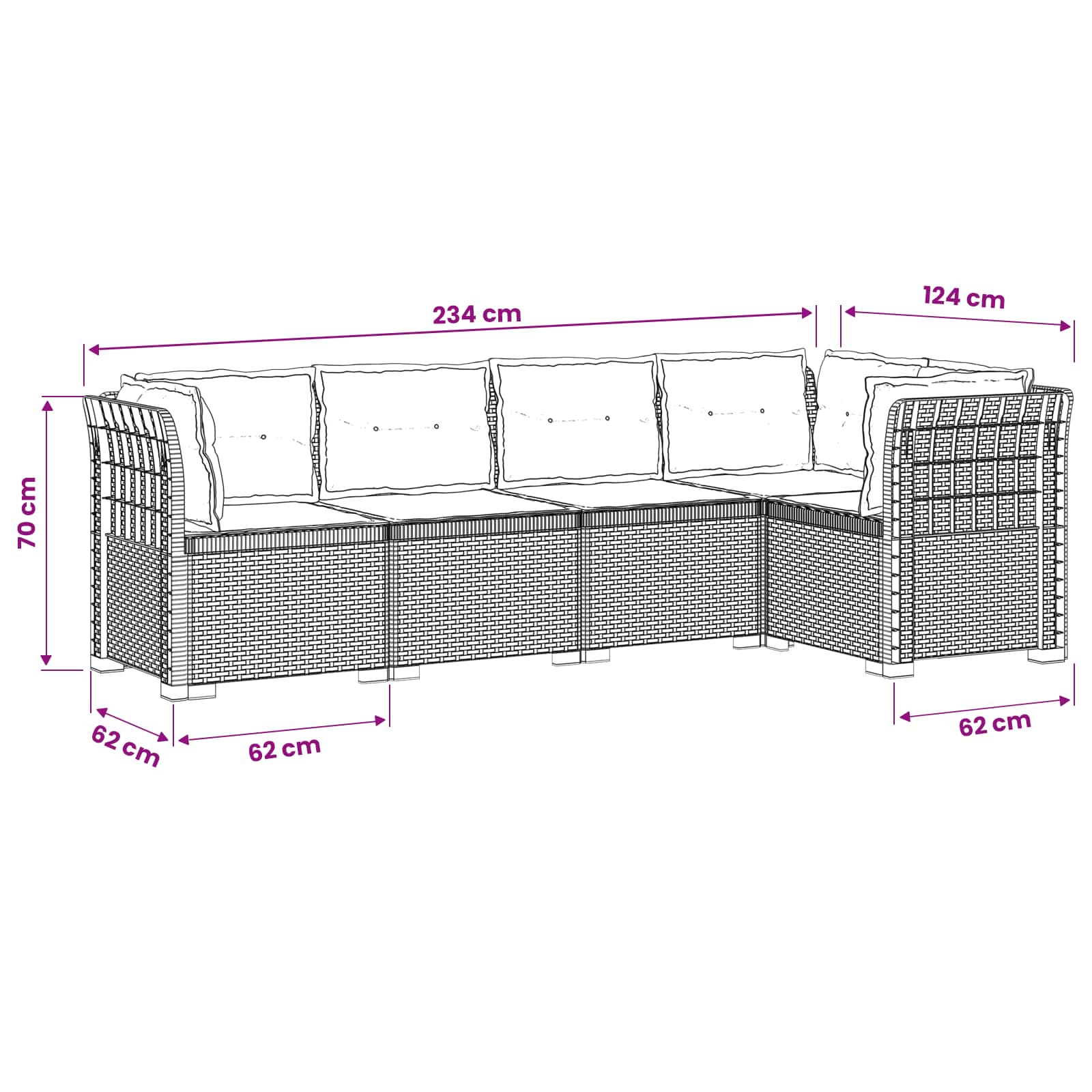5-Zits Tuin Sofa met Kussens Rattan Look PP Lichtgrijs