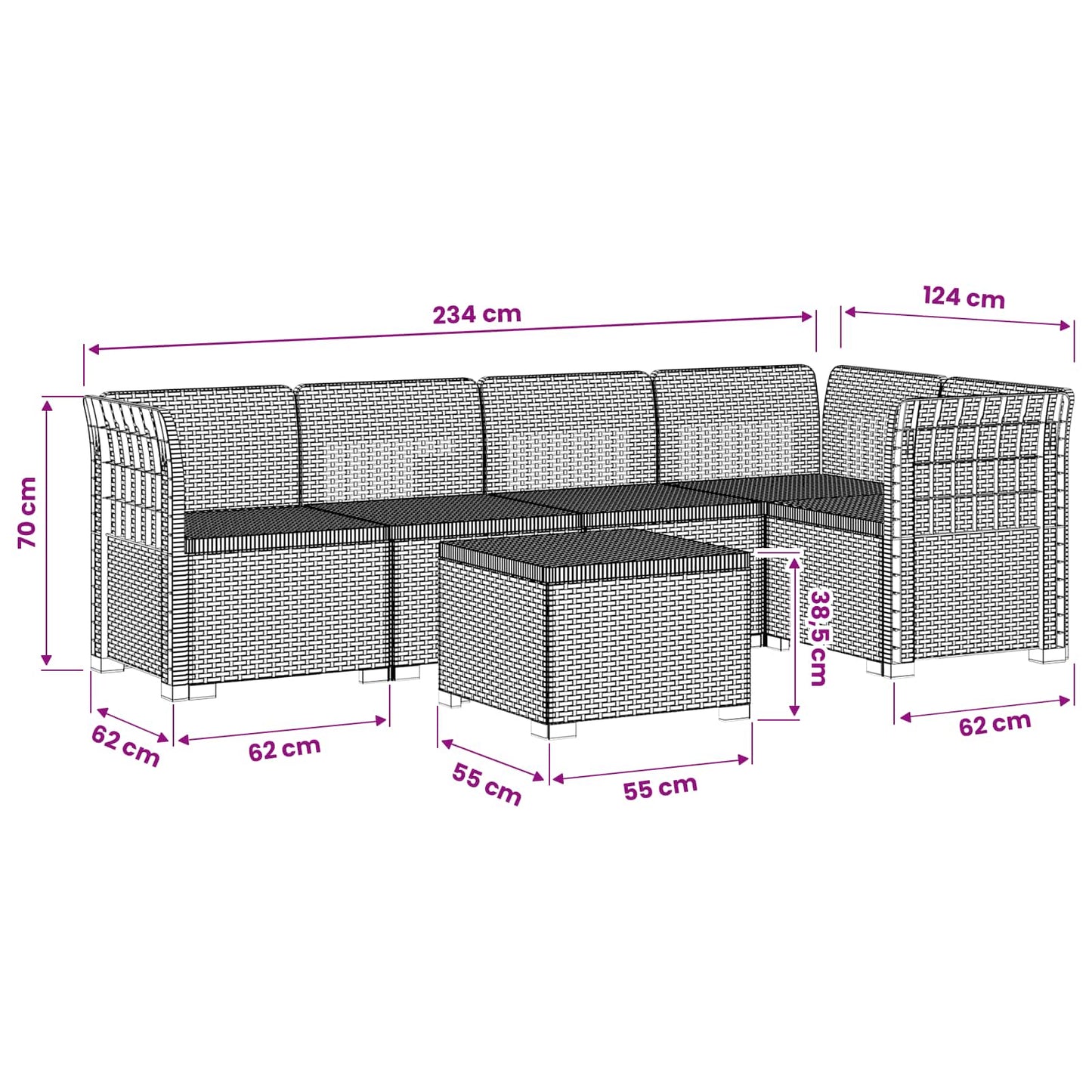 5-Zits Tuin Sofa Rattan Look PP Antraciet
