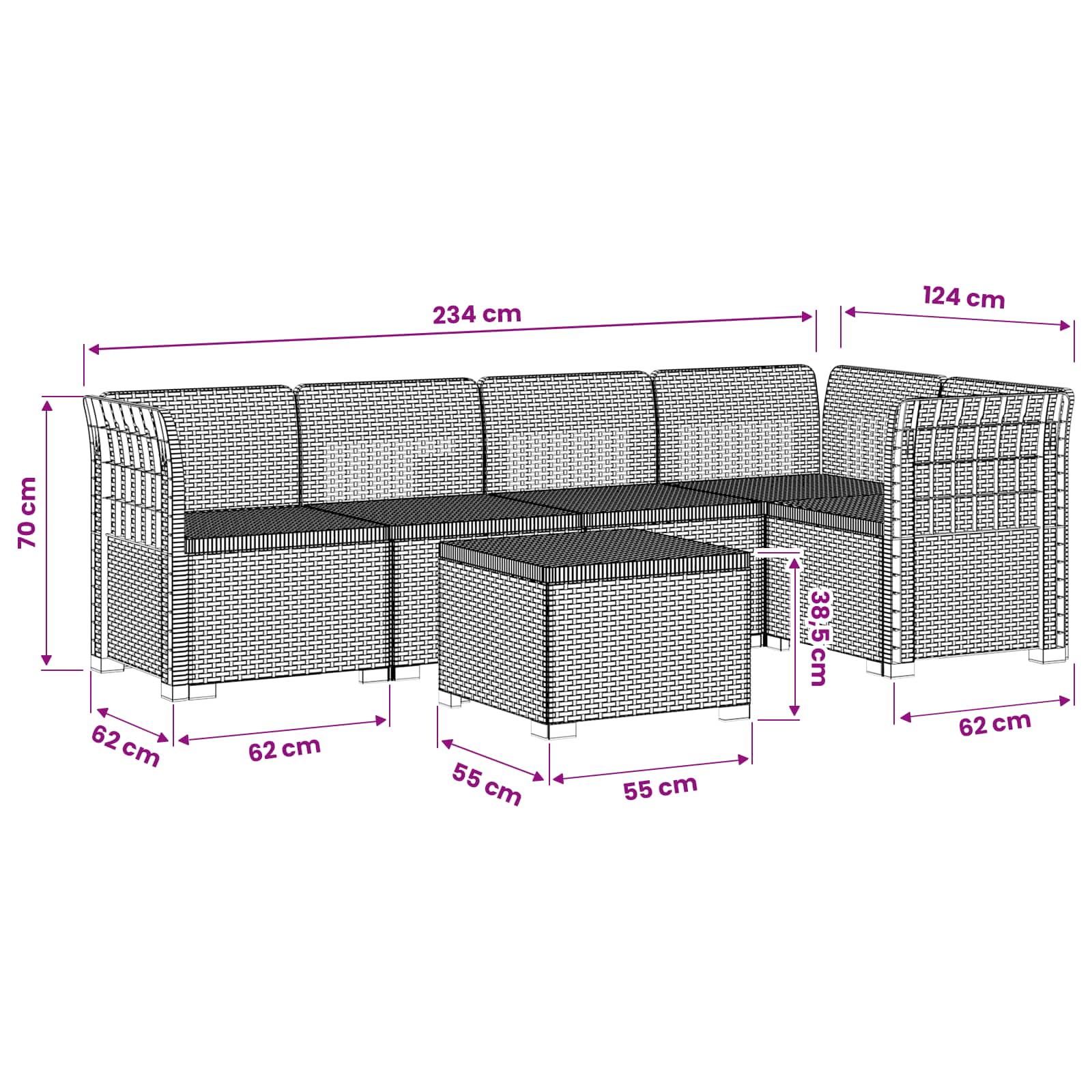5-Zits Tuin Sofa Rattan Look PP Antraciet