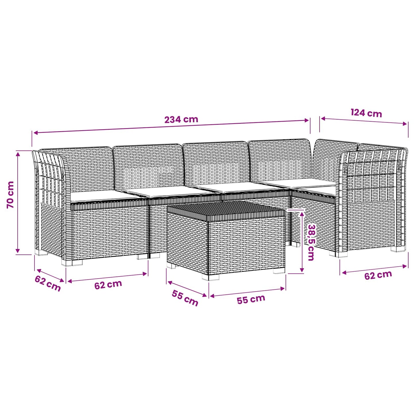 5-Zits Tuin Sofa met Kussens Rattan Look PP Antraciet