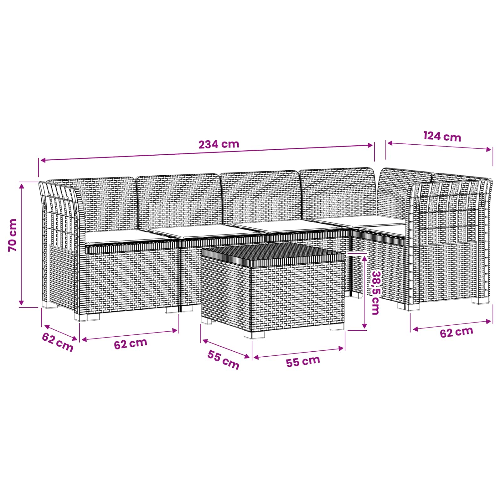 5-Zits Tuin Sofa met Kussens Rattan Look PP Wit