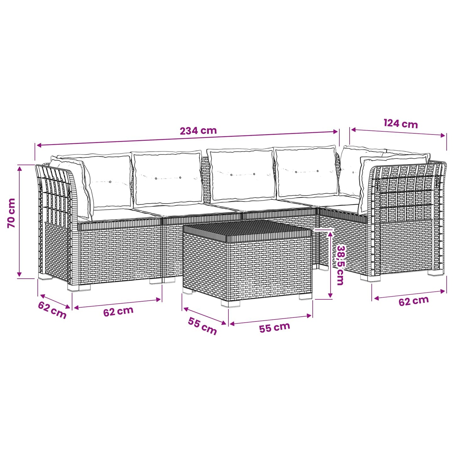 5-Zits Tuin Sofa met Kussens Rattan Look PP Antraciet