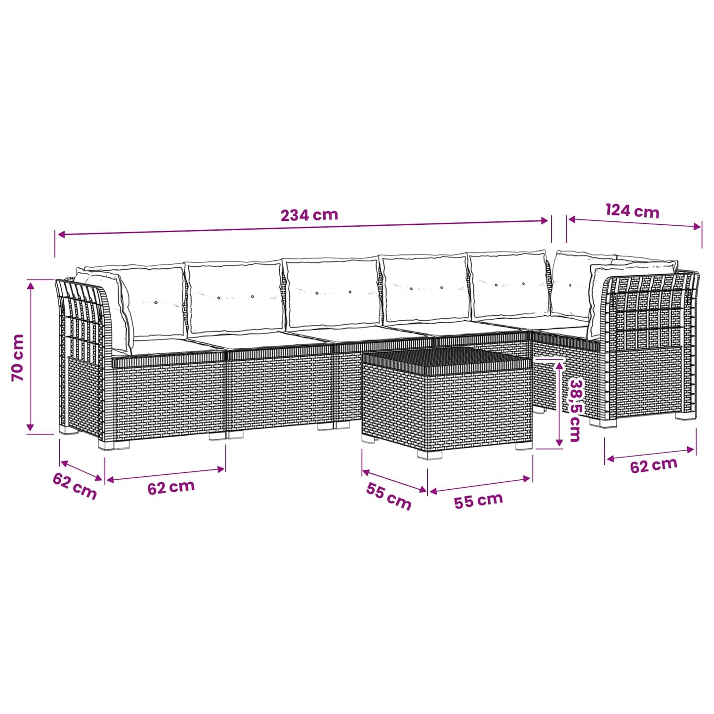 6-Zits Tuin Sofa met Kussens Rattan Look PP Lichtgrijs