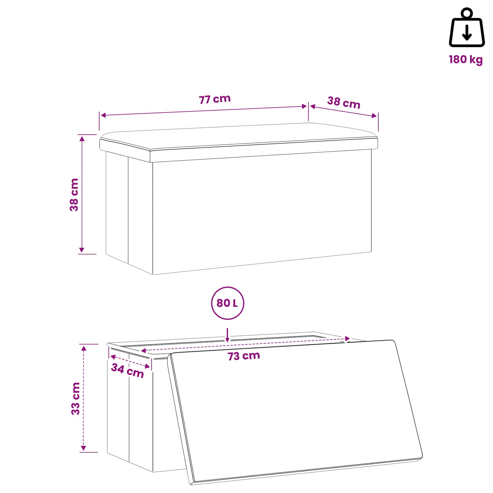 Vouwbare Opbergbank Grijs 180 kg 80 L 77 x 38 x 38 cm PVC