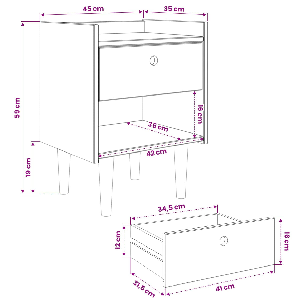 Nachtkastje BILBAO Donkerkaramel 45 x 35 x 59 cm