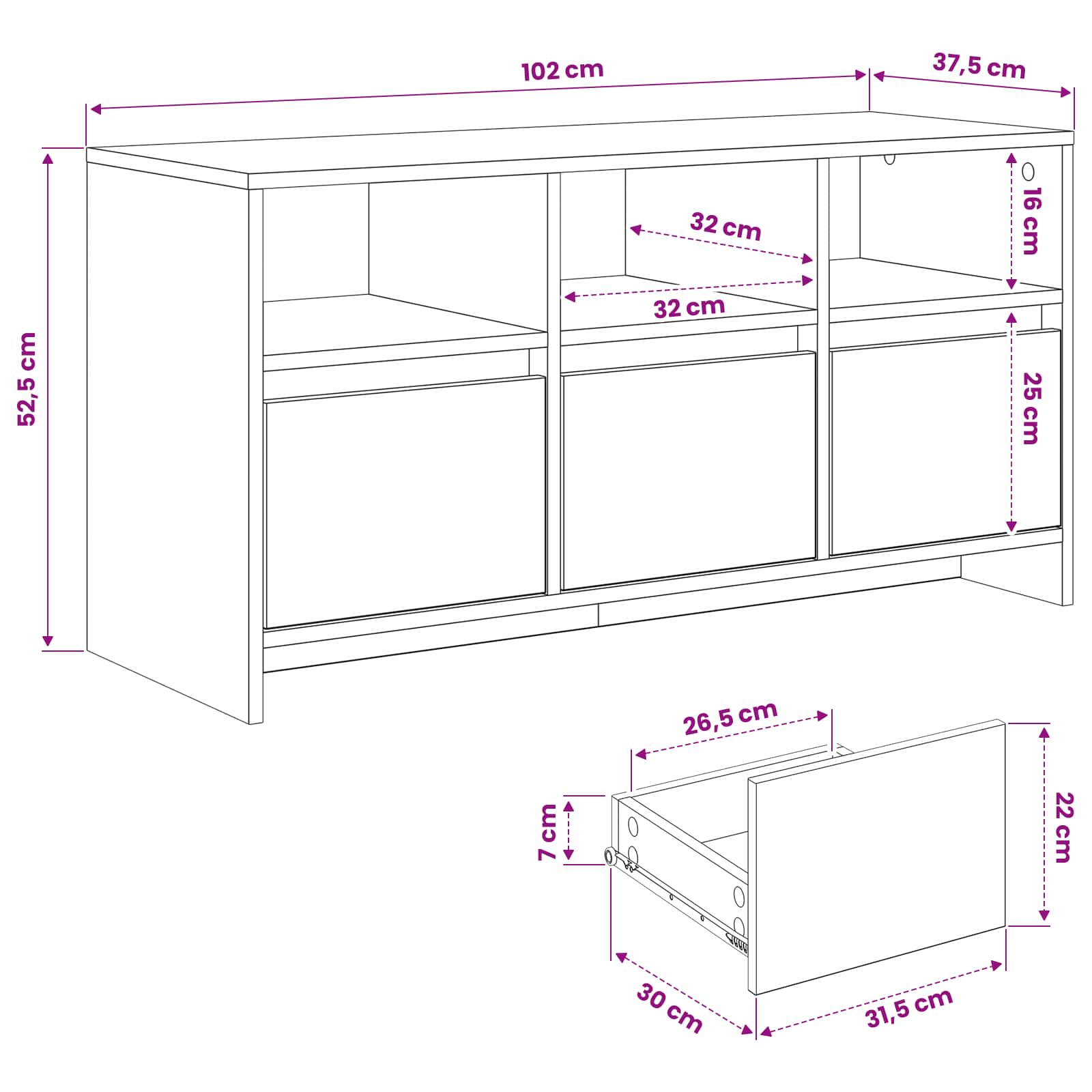 Tv-meubel 102 x 37,5 x 52,5 cm Eikenhout Bewerkt hout