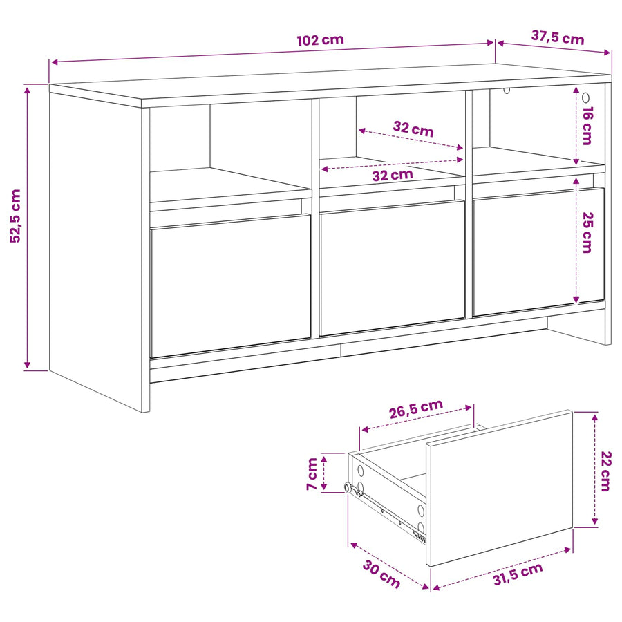 Tv-meubel 102 x 37,5 x 52,5 cm Eikenhout Bewerkt hout