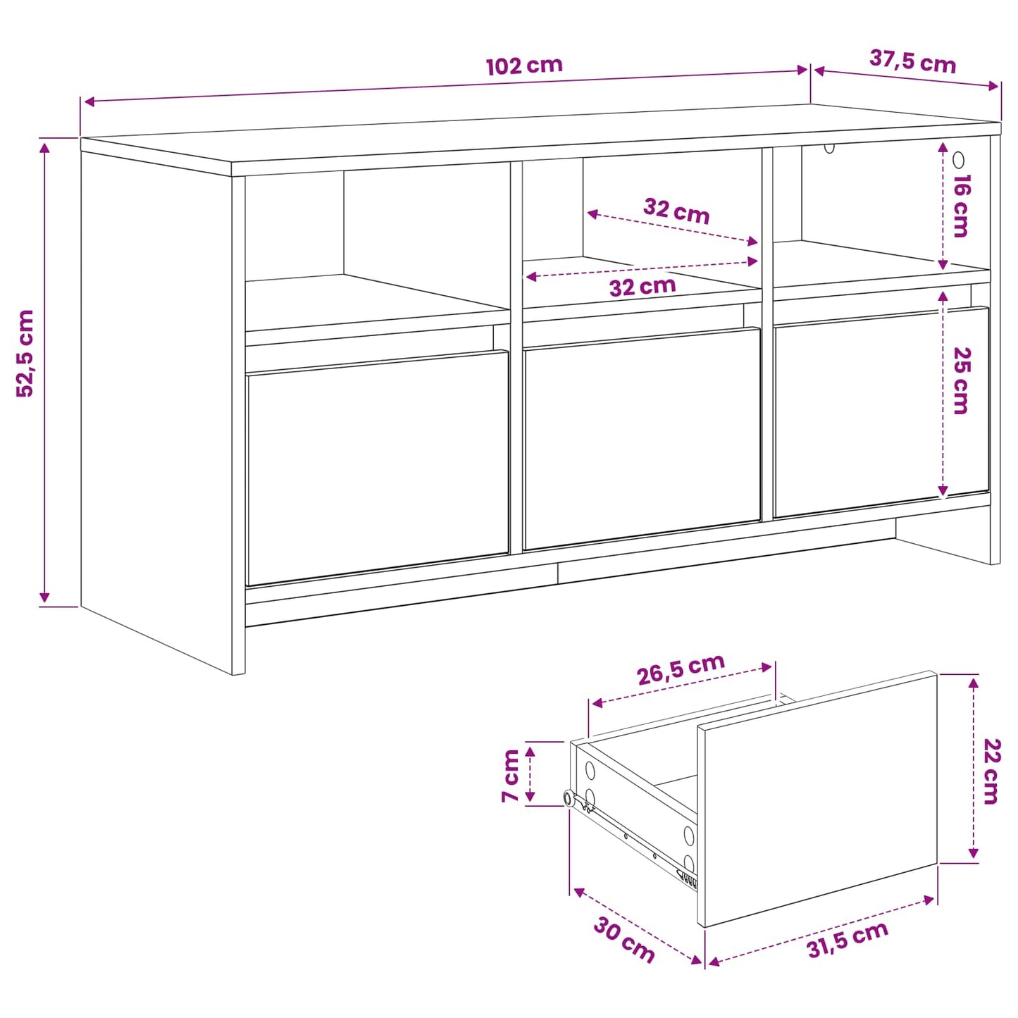 Tv-meubel 102 x 37,5 x 52,5 cm Zwart eiken Bewerkt hout