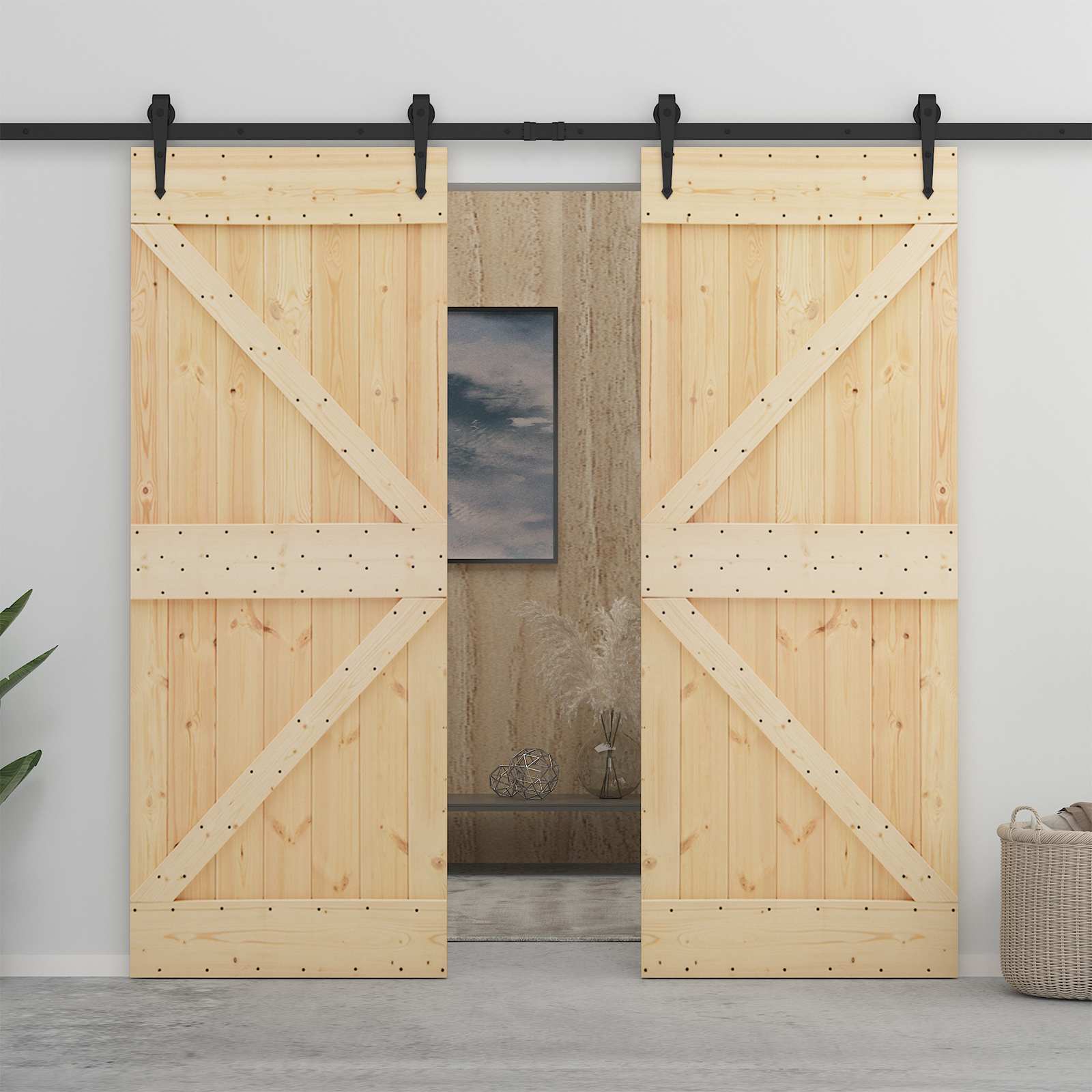 Schuifdeur Naturel en Zwart 90 x 210 cm Massief grenenhout
