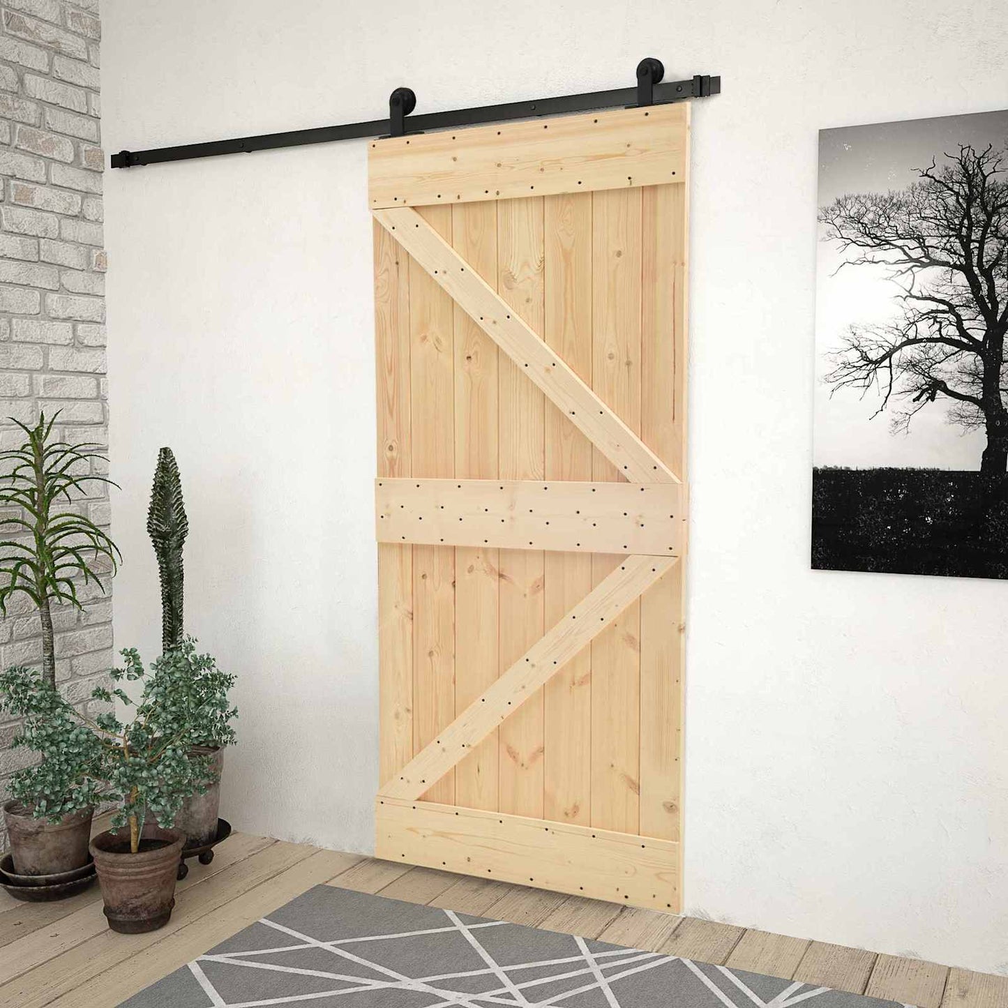 Schuifdeur Naturel en Zwart 90 x 210 cm Massief grenenhout