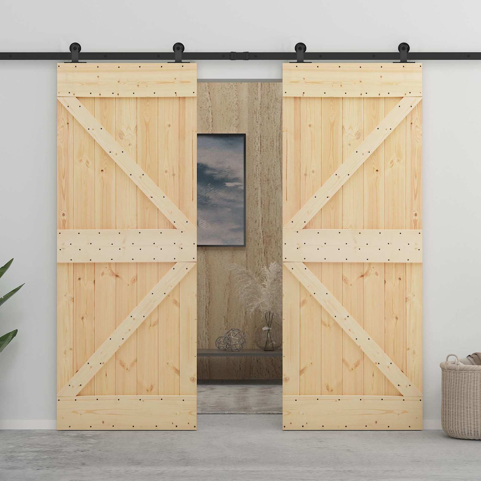 Schuifdeur Naturel en Zwart 90 x 210 cm Massief grenenhout