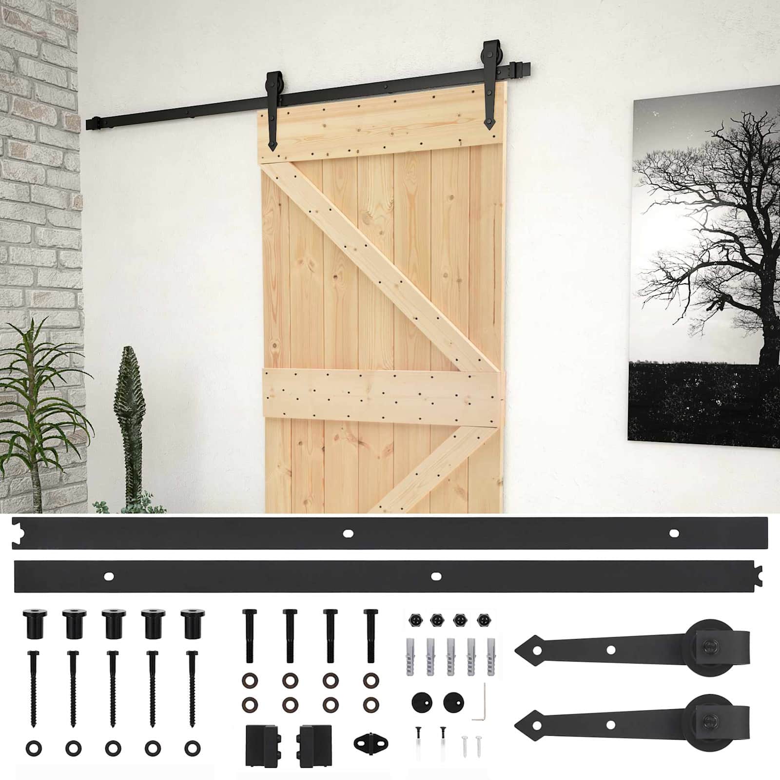 Schuifdeur Naturel en Zwart 100 x 210 cm Massief grenenhout