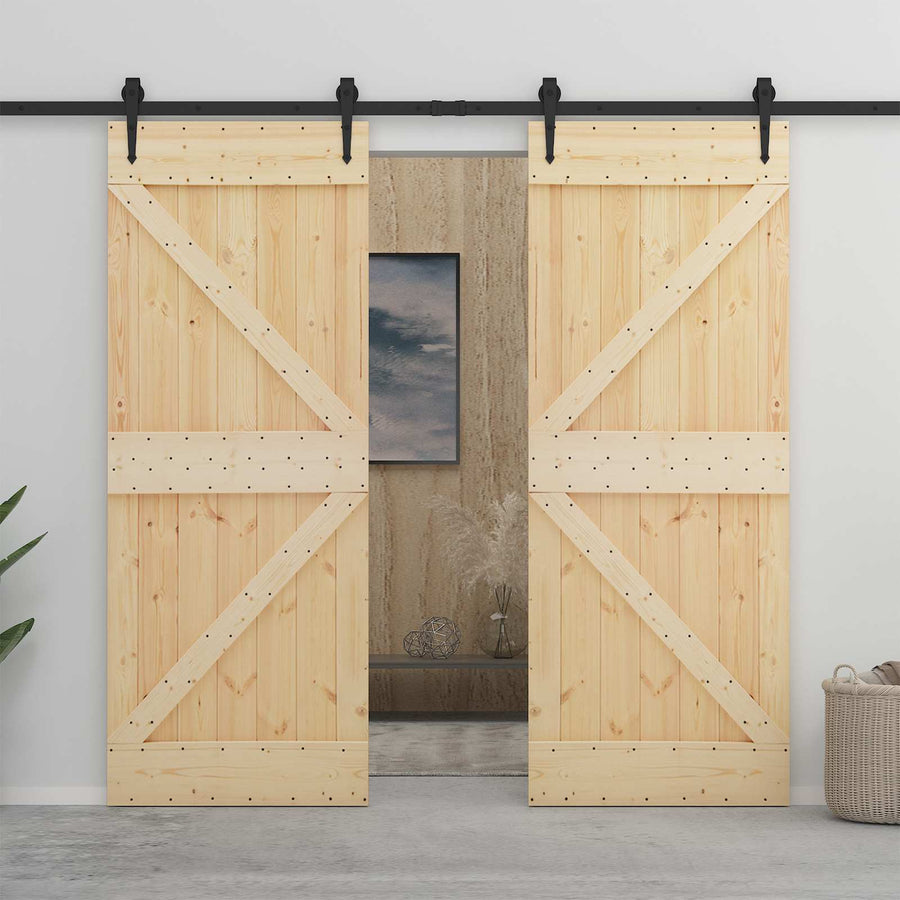Schuifdeur 2 pcs Naturel en Zwart Massief grenenhout