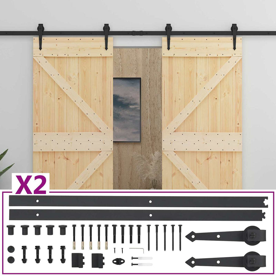 Schuifdeur 2 pcs Naturel en Zwart Massief grenenhout