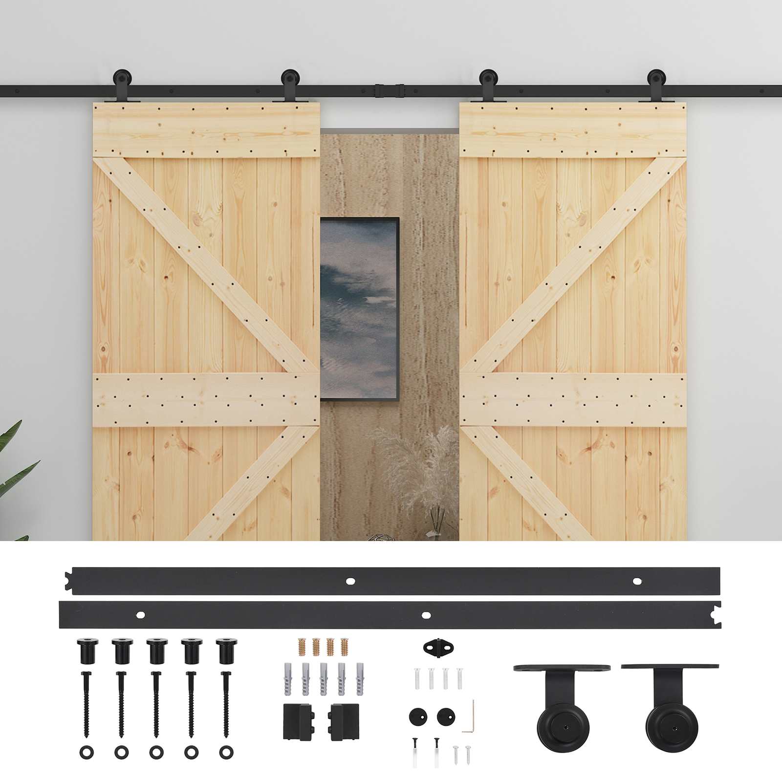 Schuifdeur 2 pcs Naturel en Zwart Massief grenenhout