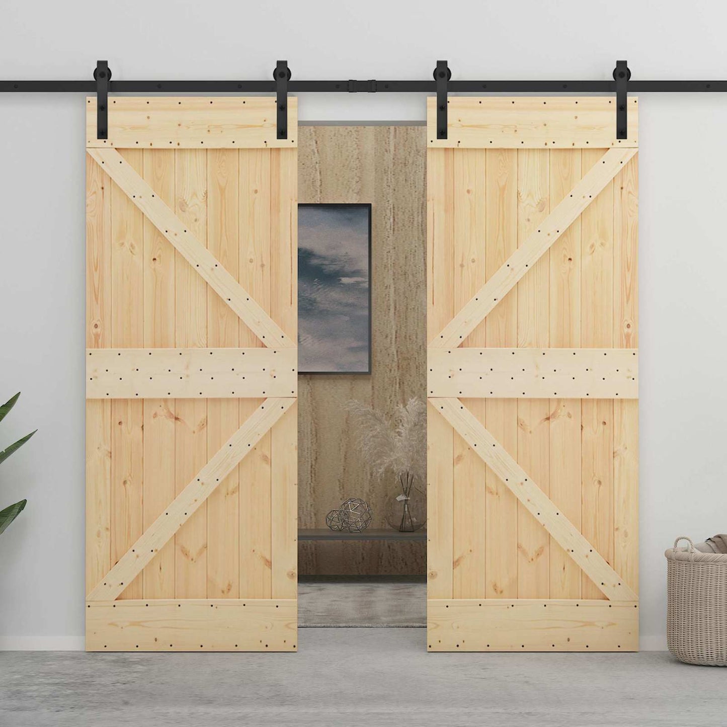 Schuifdeur 2 pcs Naturel en Zwart Massief grenenhout