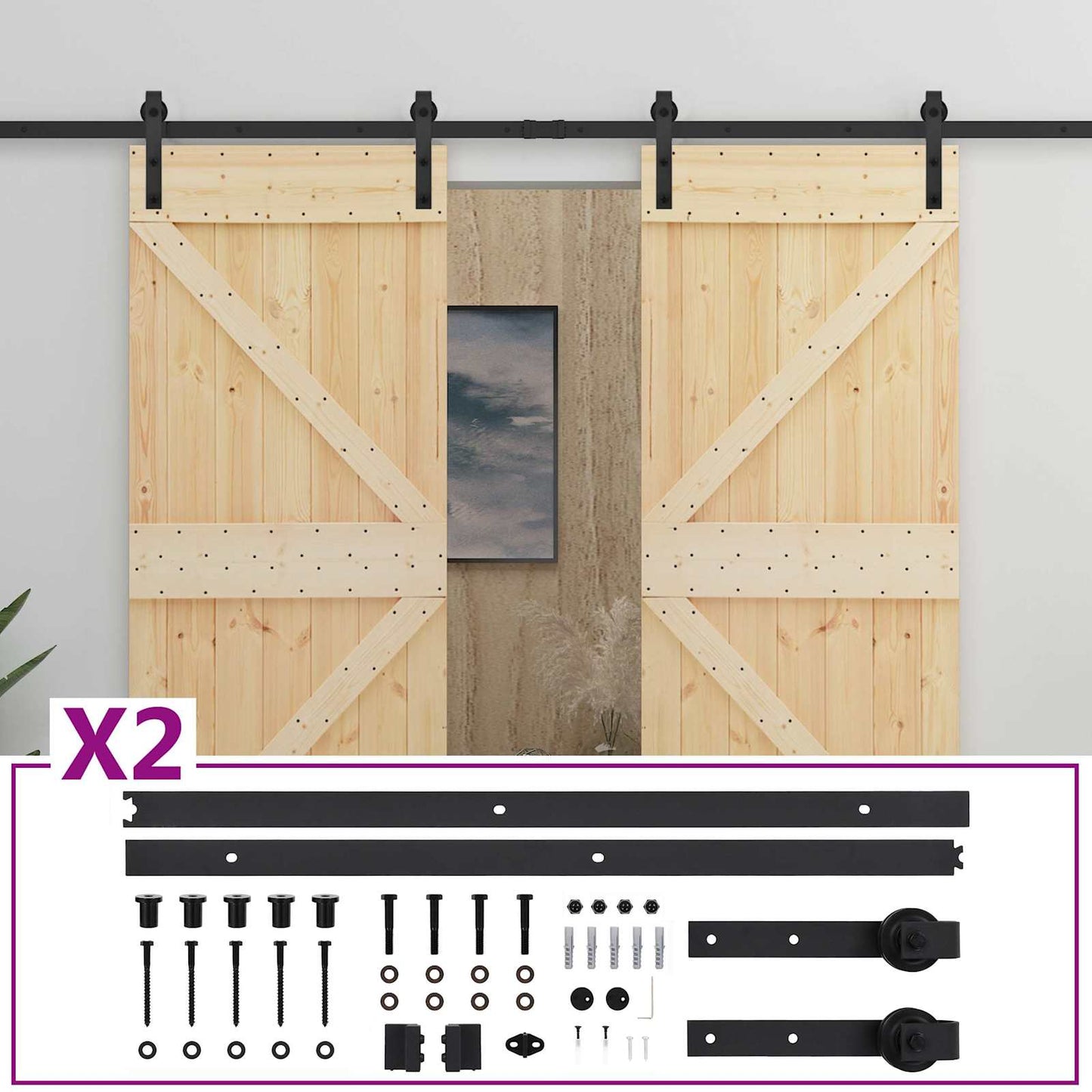 Schuifdeur 2 pcs Naturel en Zwart Massief grenenhout