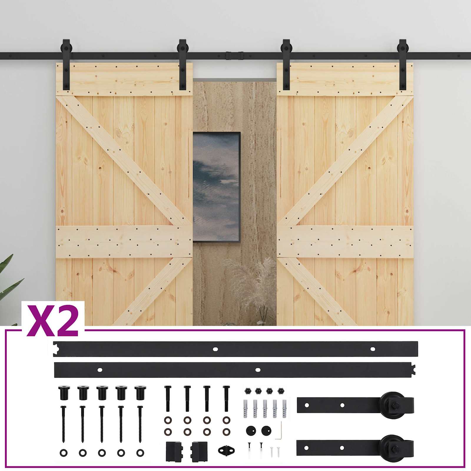 Schuifdeur 2 pcs Naturel en Zwart Massief grenenhout
