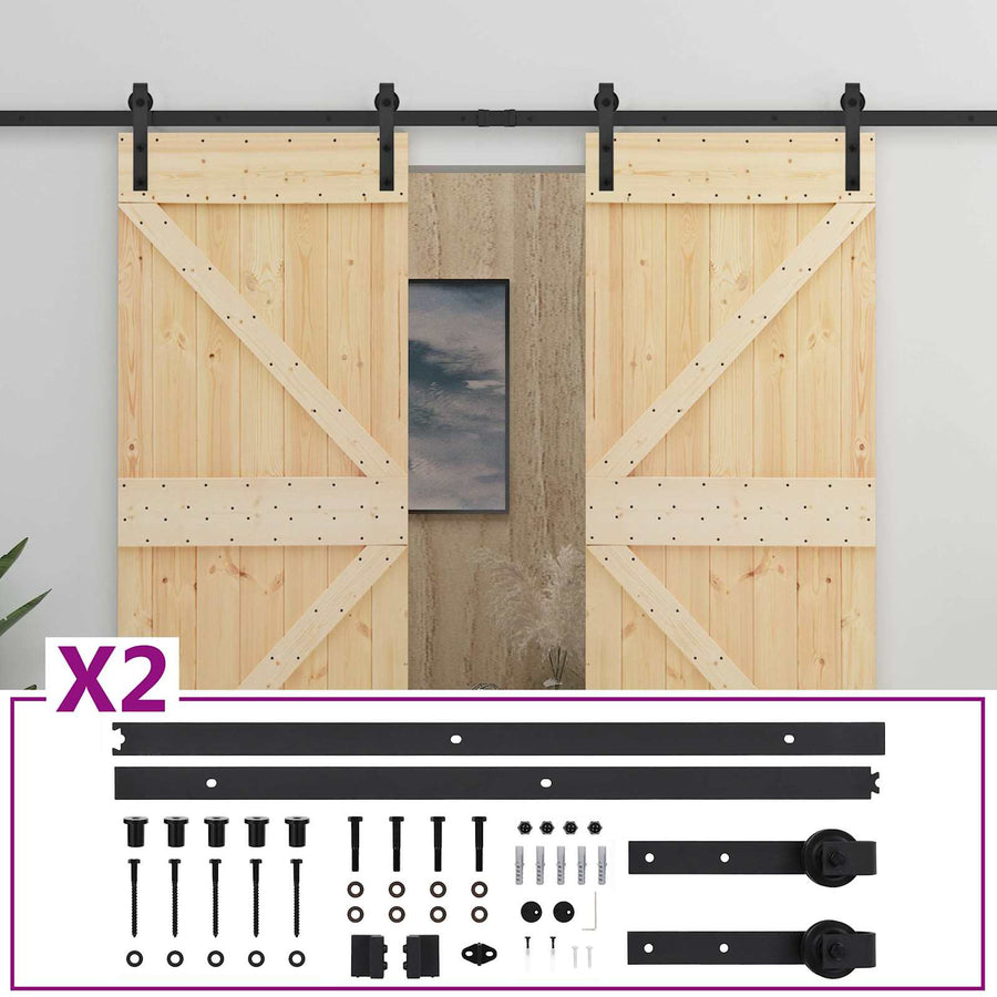 Schuifdeur 2 pcs Naturel en Zwart Massief grenenhout