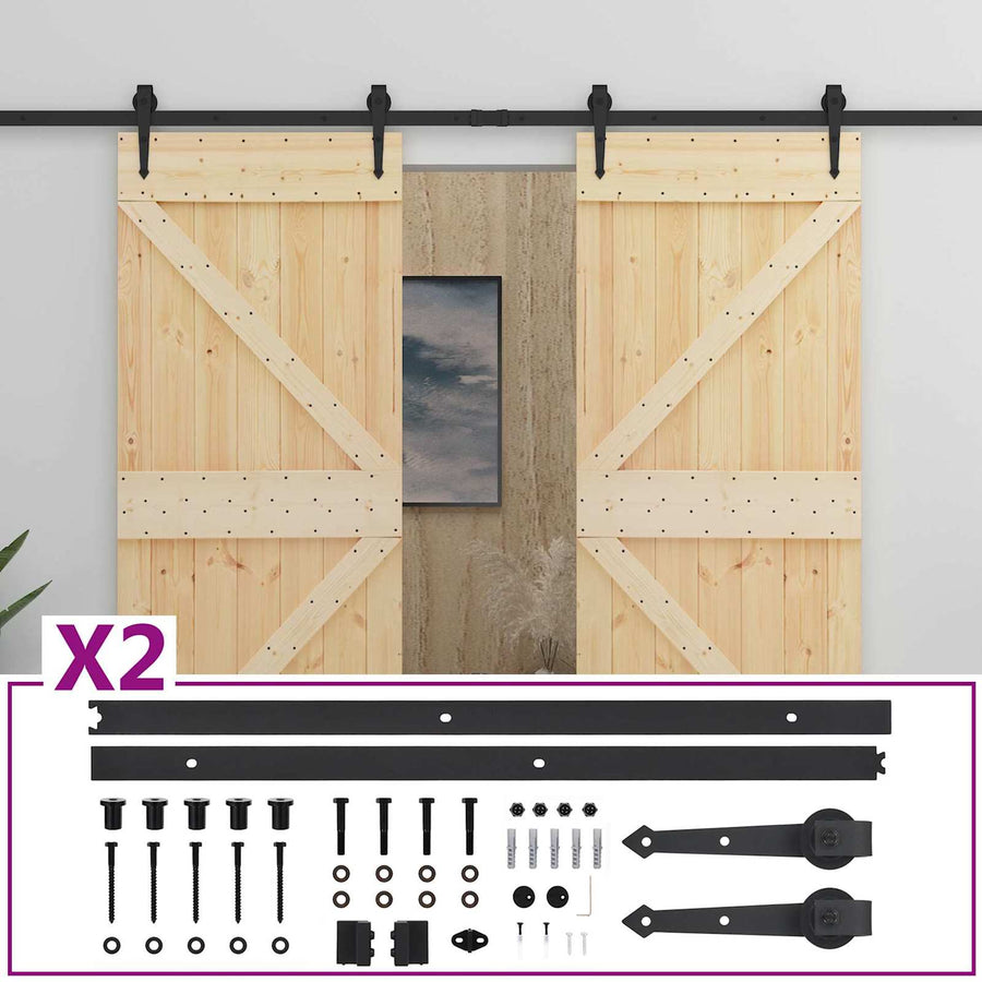 Schuifdeur 2 pcs Naturel en Zwart Massief grenenhout