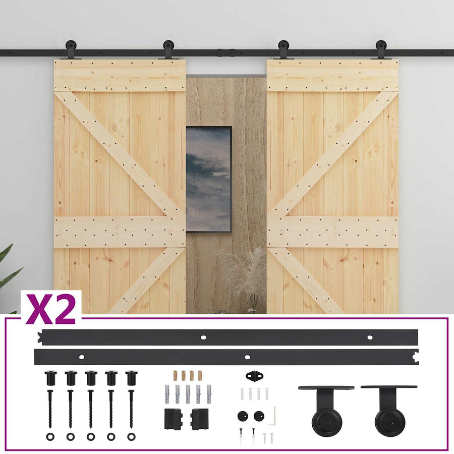 Schuifdeur 2 pcs Naturel en Zwart Massief grenenhout