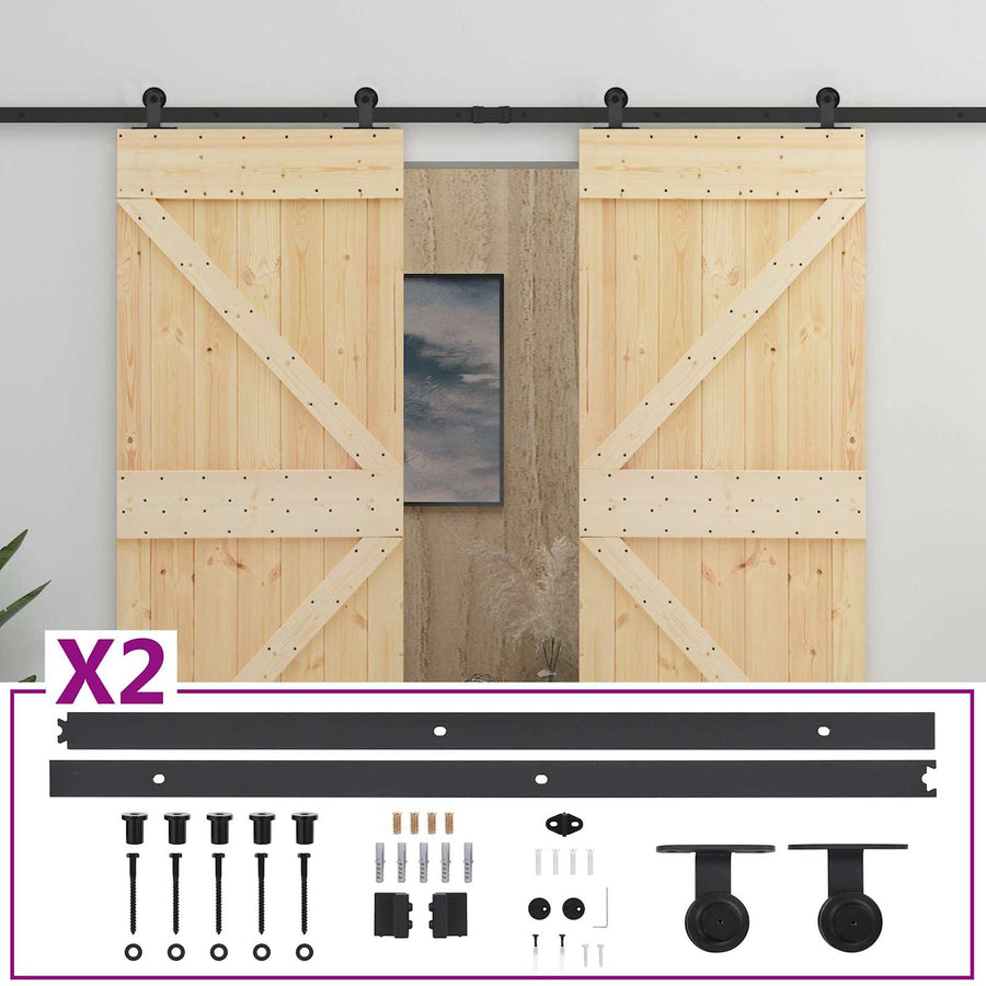 Schuifdeur 2 pcs Naturel en Zwart Massief grenenhout