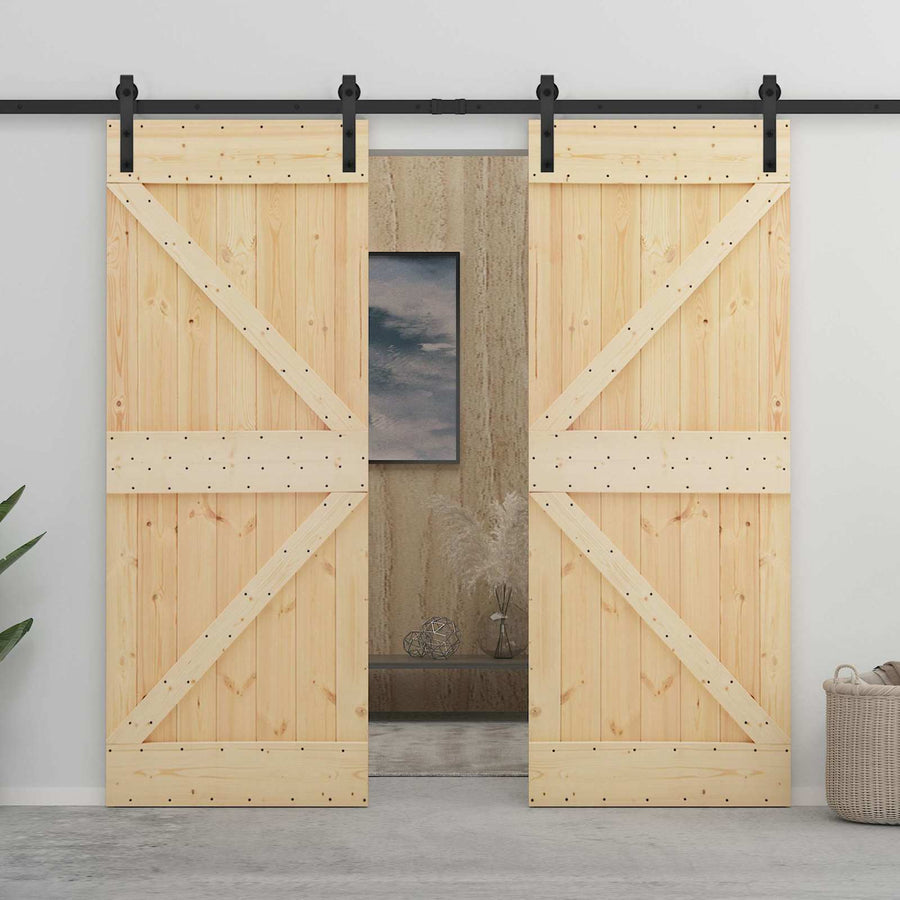Schuifdeur 2 pcs Naturel en Zwart Massief grenenhout