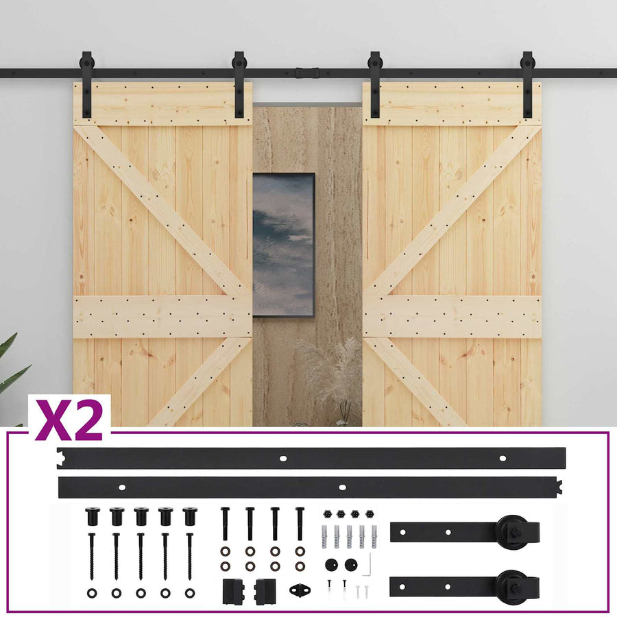 Schuifdeur 2 pcs Naturel en Zwart Massief grenenhout