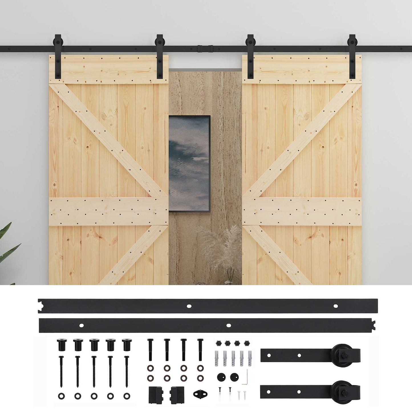 Schuifdeur 2 pcs Naturel en Zwart Massief grenenhout