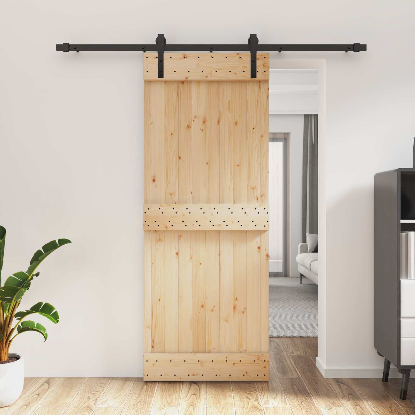 Schuifdeur Naturel en Zwart 80 x 210 cm Massief Grenenhout