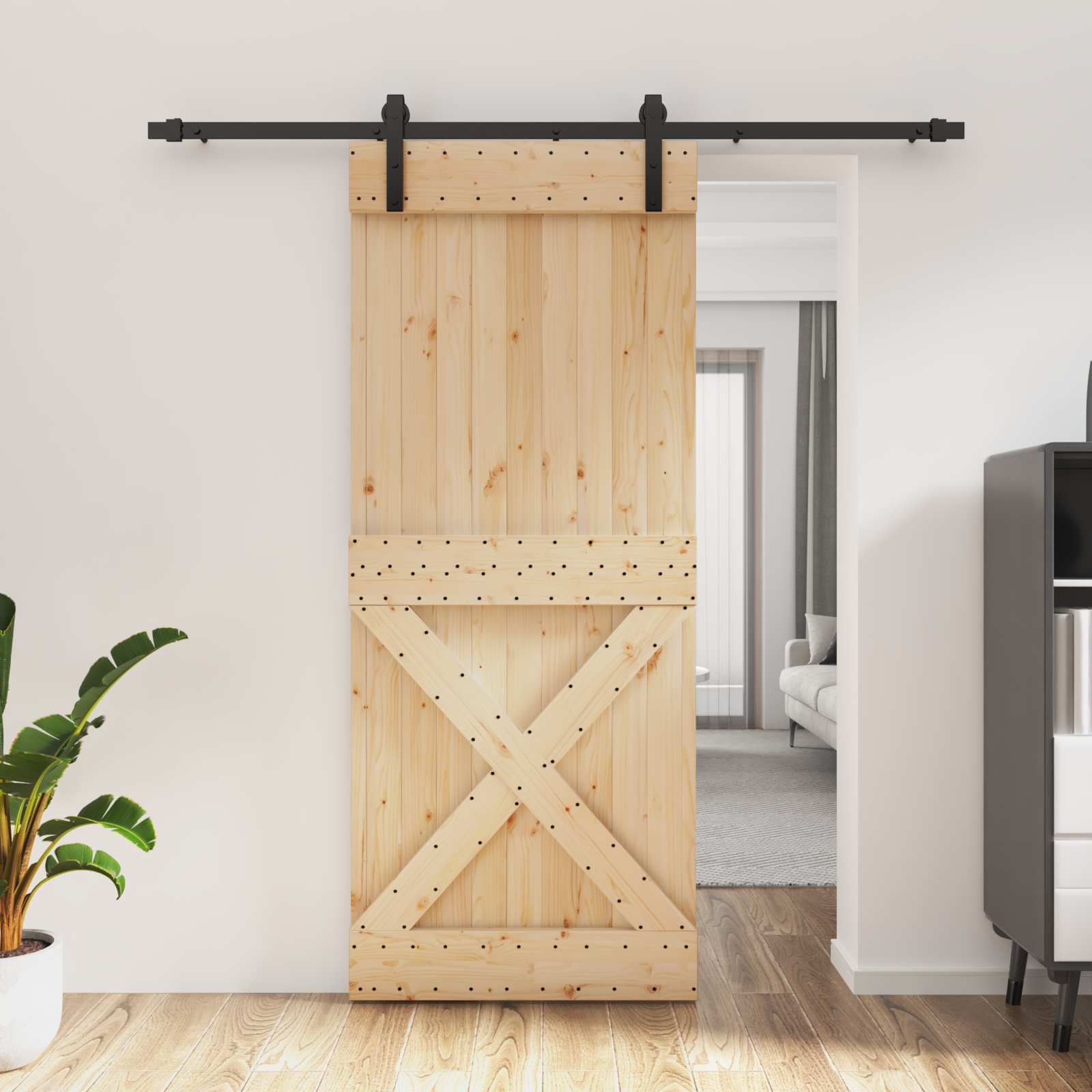 Schuifdeur Naturel en Zwart 85 x 210 cm Massief Grenenhout