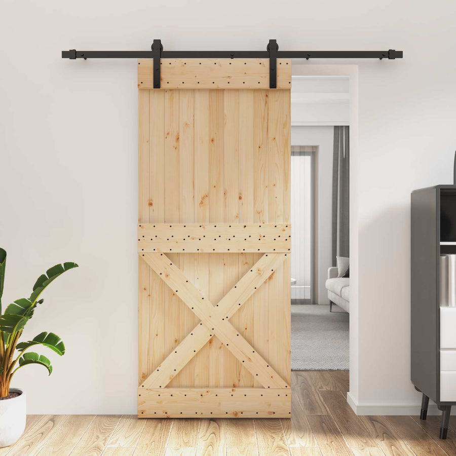 Schuifdeur Naturel en Zwart 90 x 210 cm Massief Grenenhout