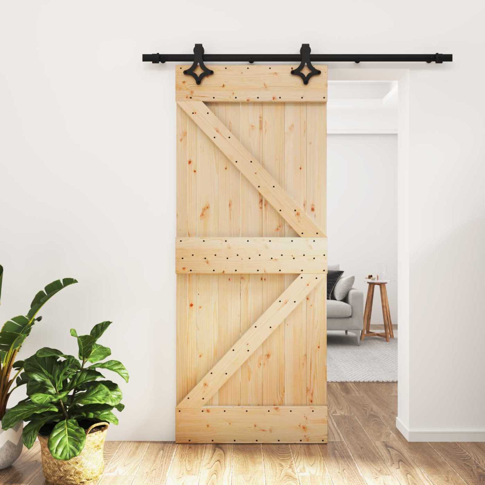 Schuifdeur Naturel en Zwart 85 x 210 cm Massief Grenenhout