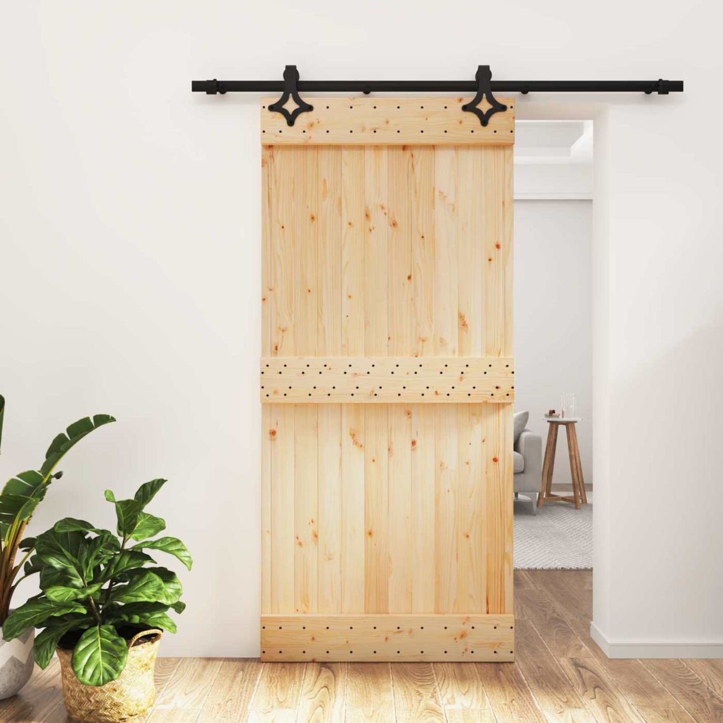 Schuifdeur Naturel en Zwart 95 x 210 cm Massief Grenenhout