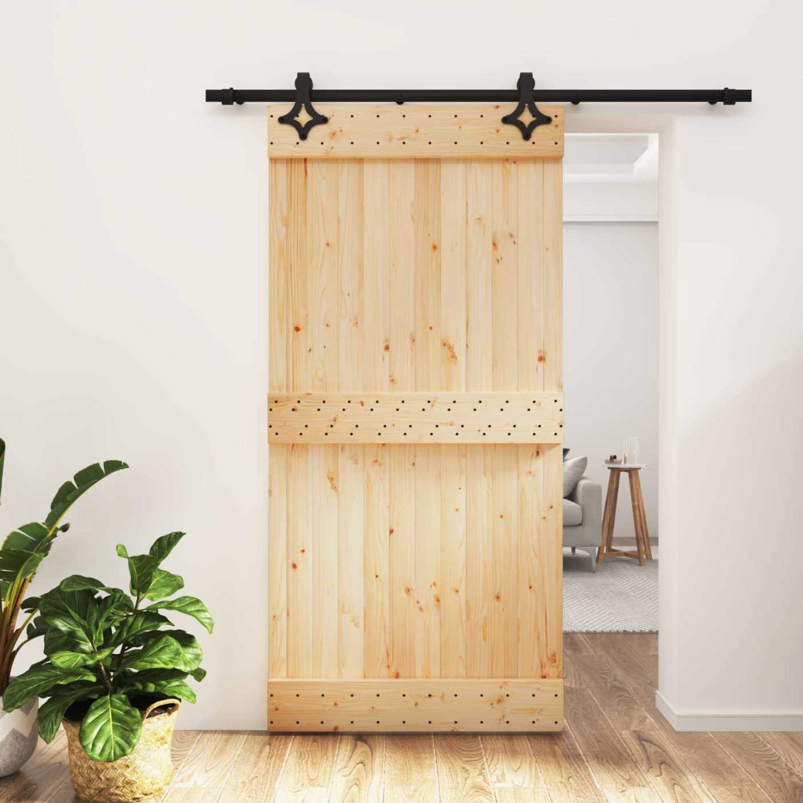 Schuifdeur Naturel en Zwart 100 x 210 cm Massief Grenenhout
