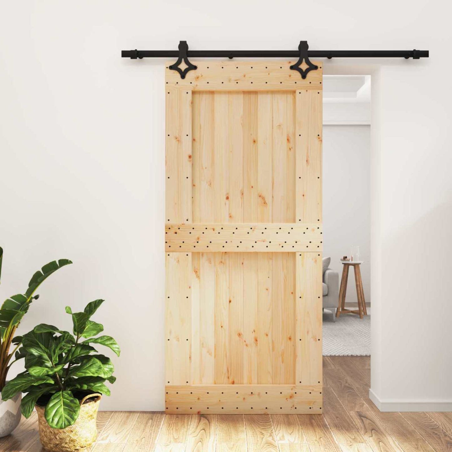 Schuifdeur Naturel en Zwart 95 x 210 cm Massief Grenenhout