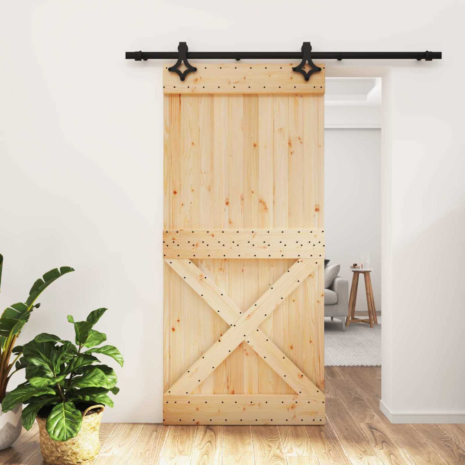 Schuifdeur Naturel en Zwart 95 x 210 cm Massief Grenenhout