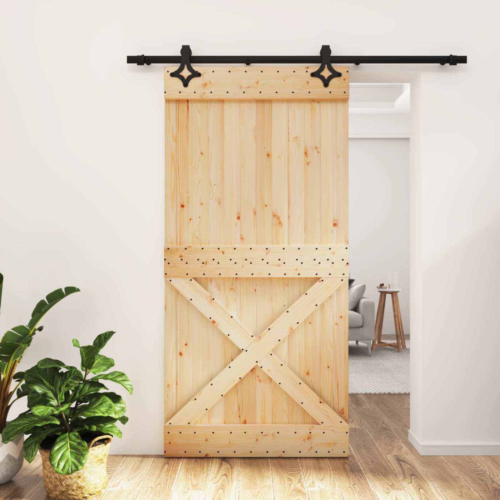 Schuifdeur Naturel en Zwart 100 x 210 cm Massief Grenenhout