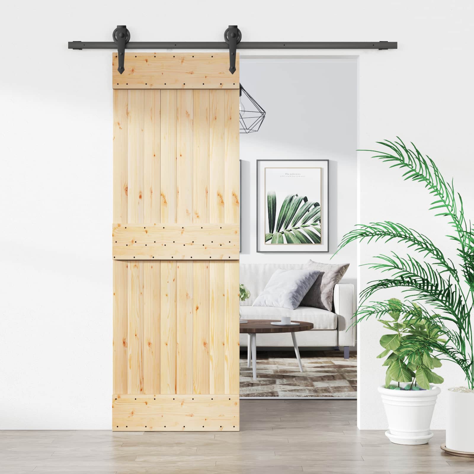 Schuifdeur Naturel en Zwart 70 x 210 cm Massief Grenenhout