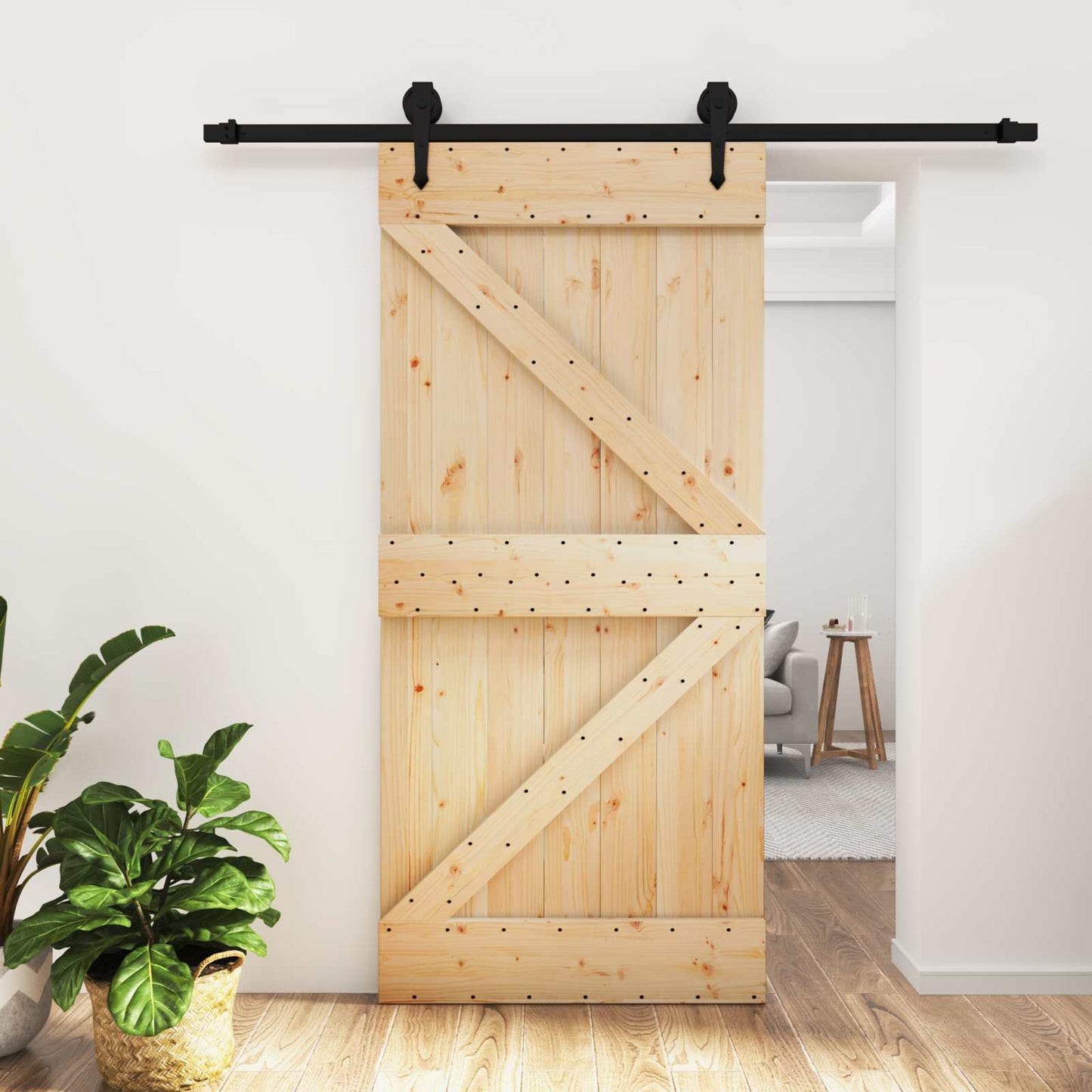 Schuifdeur Naturel en Zwart 95 x 210 cm Massief Grenenhout